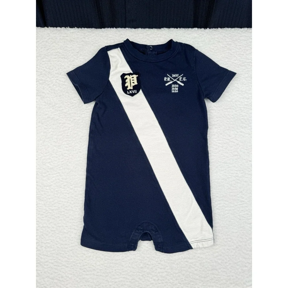 Ralph Lauren One Piece Navy Blue Dia White Stripe Crest - Toddler 9M